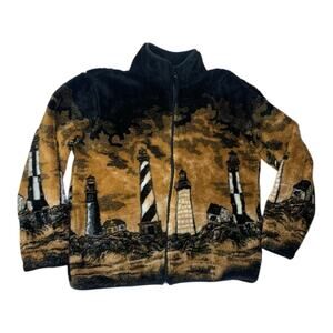 Whimzicals size large USA Lighthouse Print Fleece Jacket zip up long sleeve
